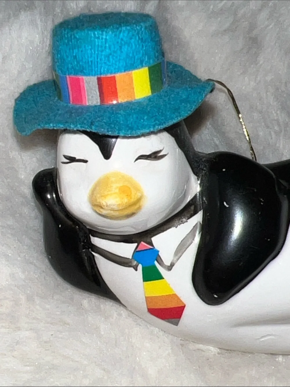Vintage 1980s Ceramic Lounging Penguin Figurine Rainbow Top Hat Kitsch